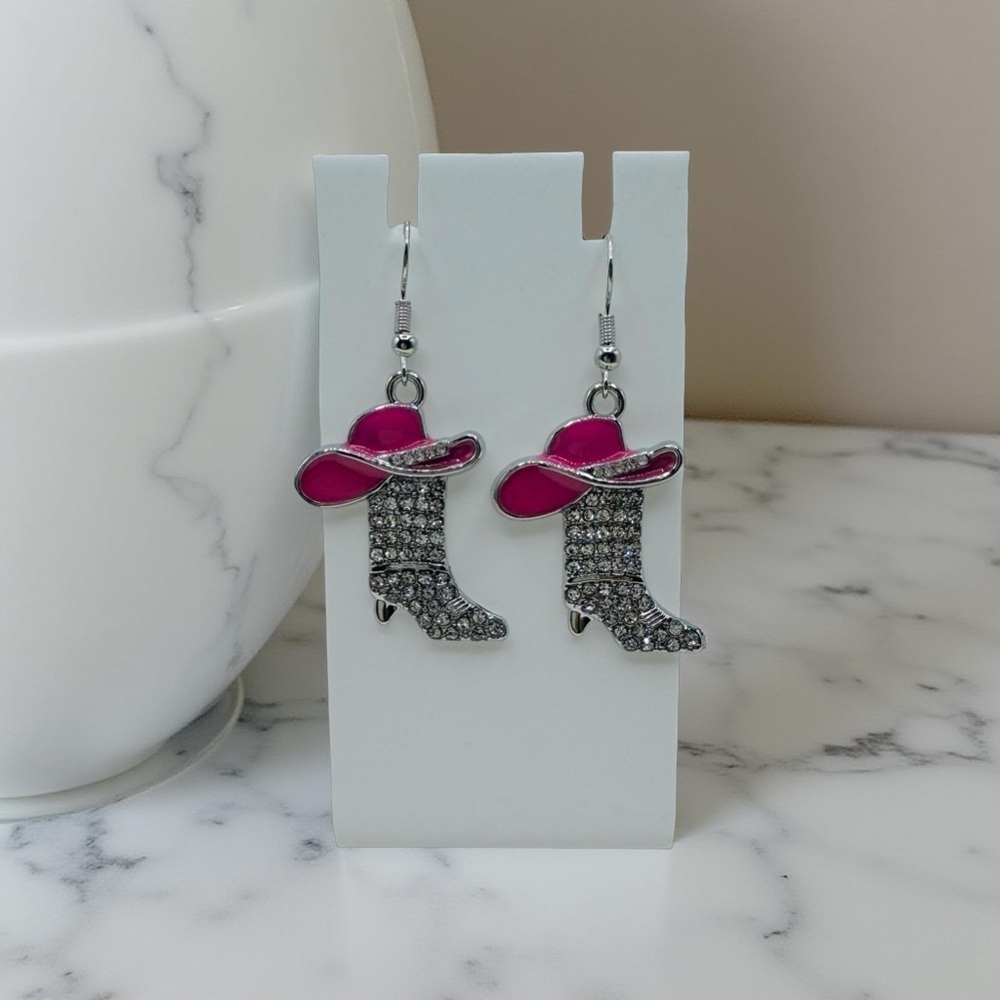 Howdy Rhinestone Boot Earrings- Pink Hat - Picture 2 of 4